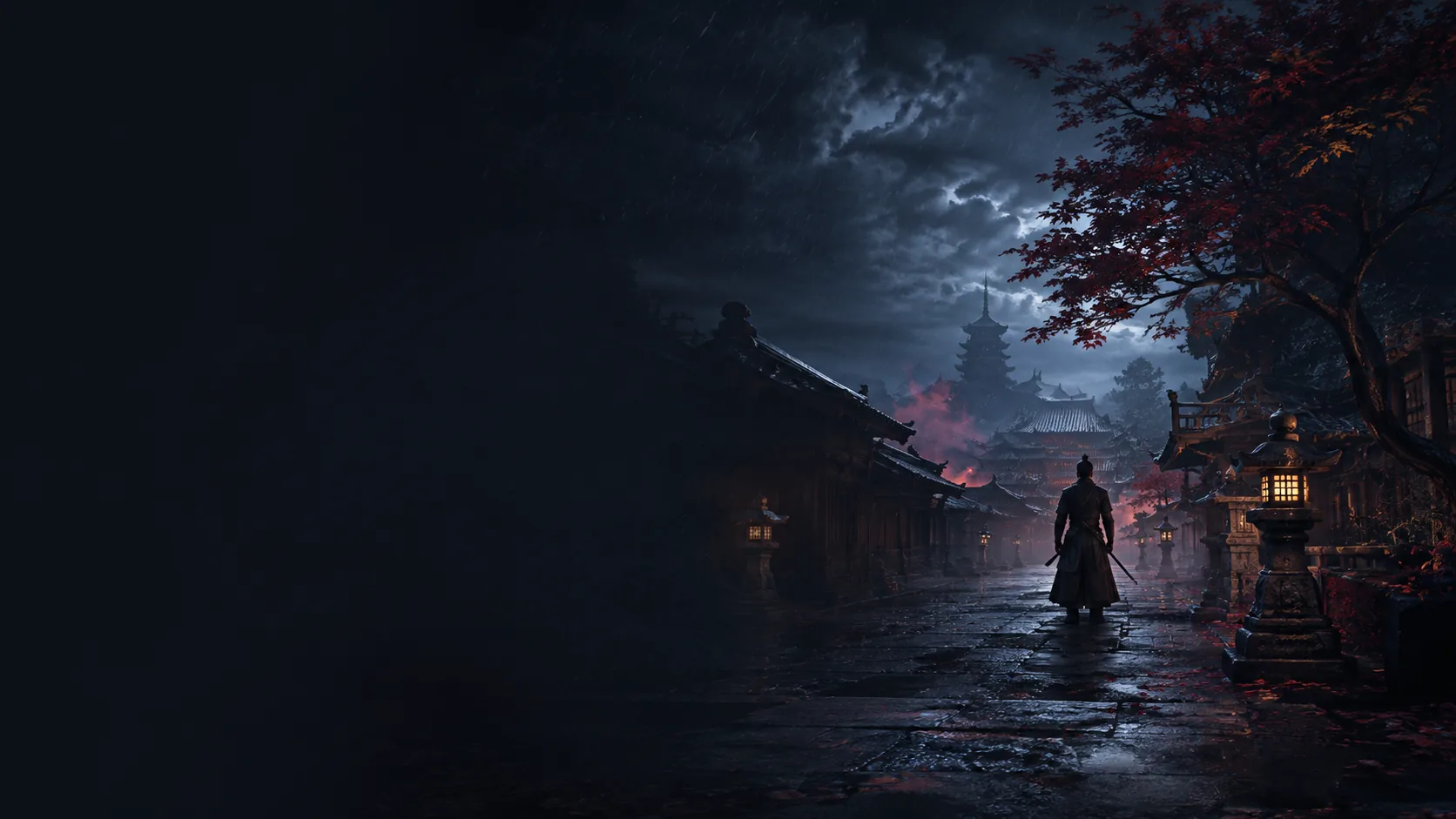 Original atmospheric illustration of stormy Kyoto