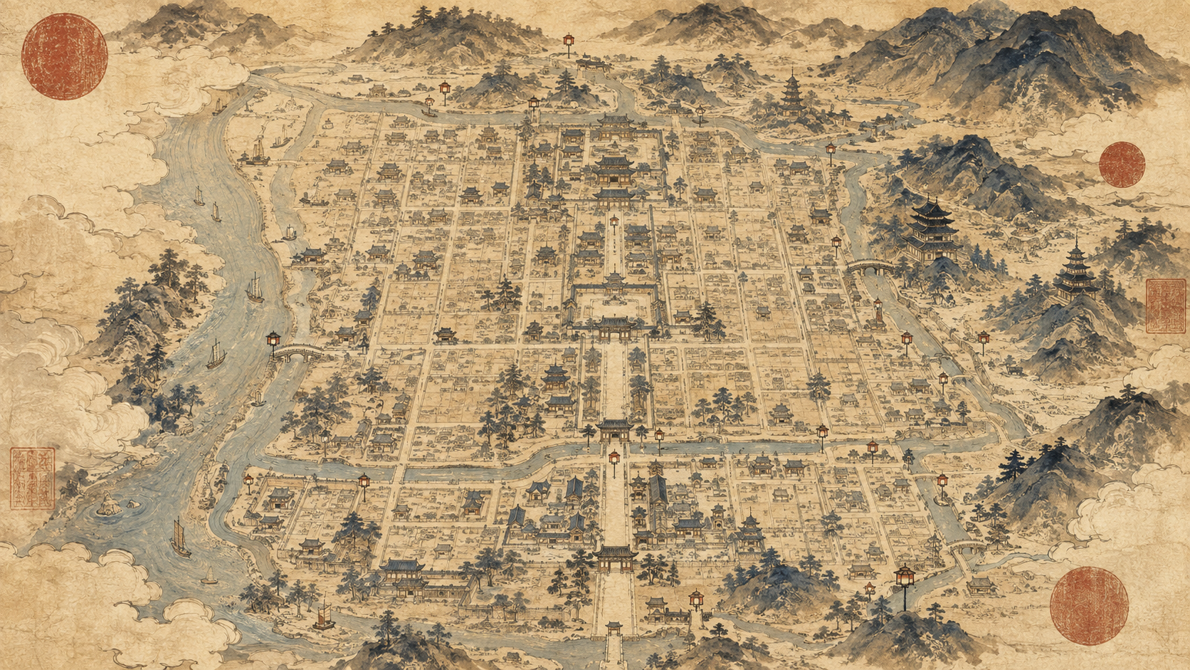 An ink-and-wash Kyoto travel map with shrine paths and waterways