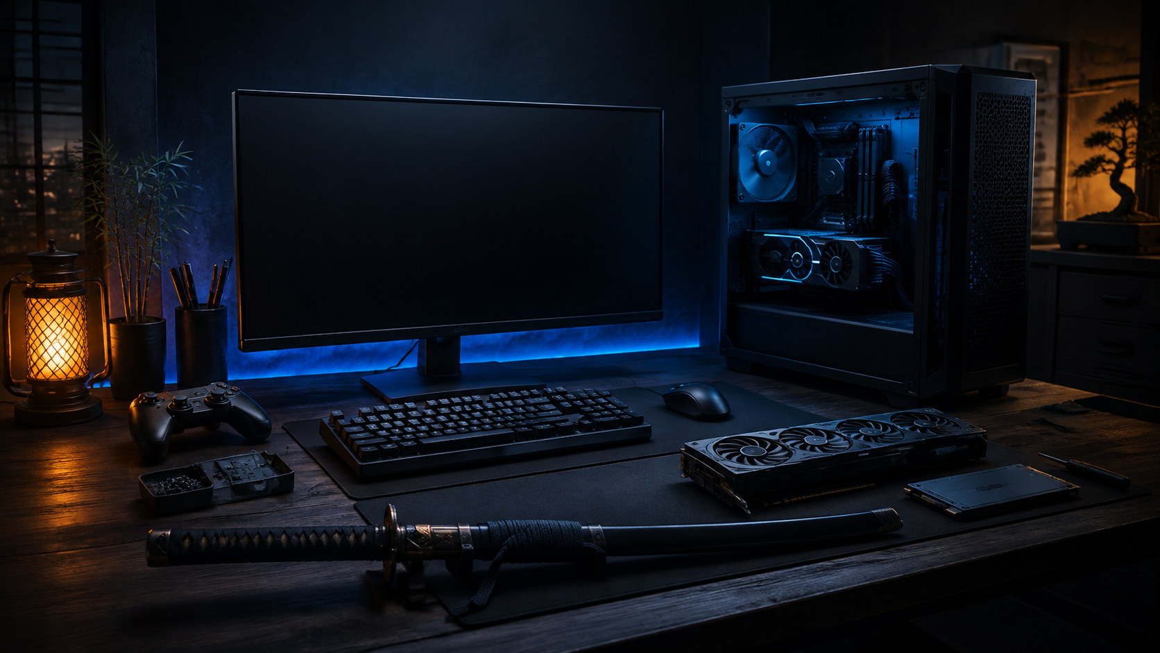 A dark PC workbench with a controller, monitor glow, and sheathed katana
